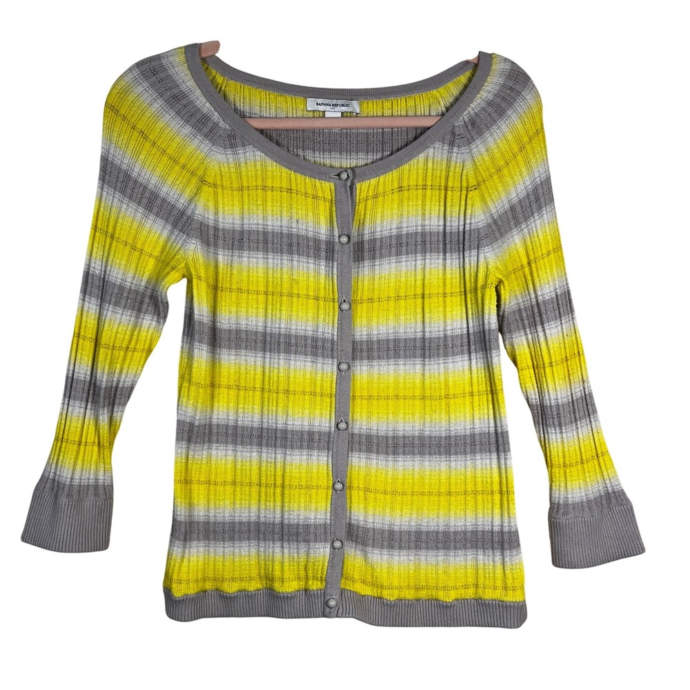 Banana‎ Republic Ribbed Metallic Button Cardigan L Yellow Gray White